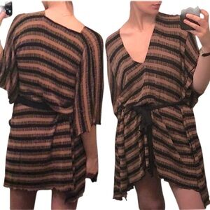 VTG Y2K Mabel Black Brown Striped Knit Tunic Kaftan V-Neck Belted Mini Dress